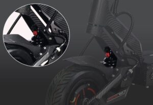 Xe scooter Teverun Fighter Mini được trang bị giảm xóc kép trước và sau dạng lò xo thủy lực
